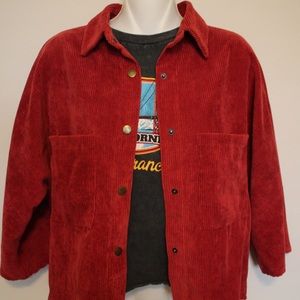 Cropped red corduroy button up shirt jacket